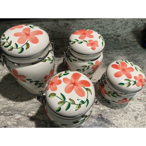 Canisters With Latched Lids Hand Painted Fruit Pattern Set of 4 Ceramic VTG - Picture 4 of 8